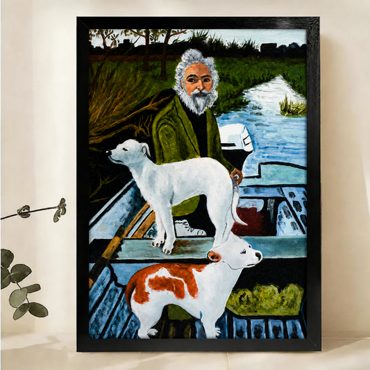 Old Man & Two Hounds in a Rowboat Wall Art – Naïve Realist Oil Painting Canvas Print on Natural Wood Frame | W2216