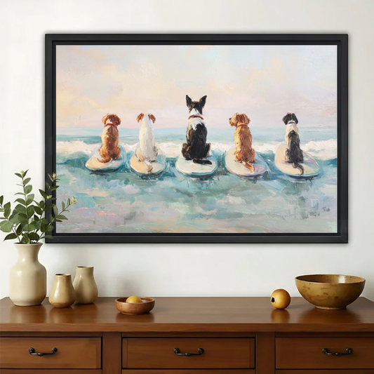 Five Dogs on Surfboards Wall Art – Coastal Oil Painting Canvas Print on Natural Wood Frame | W2137