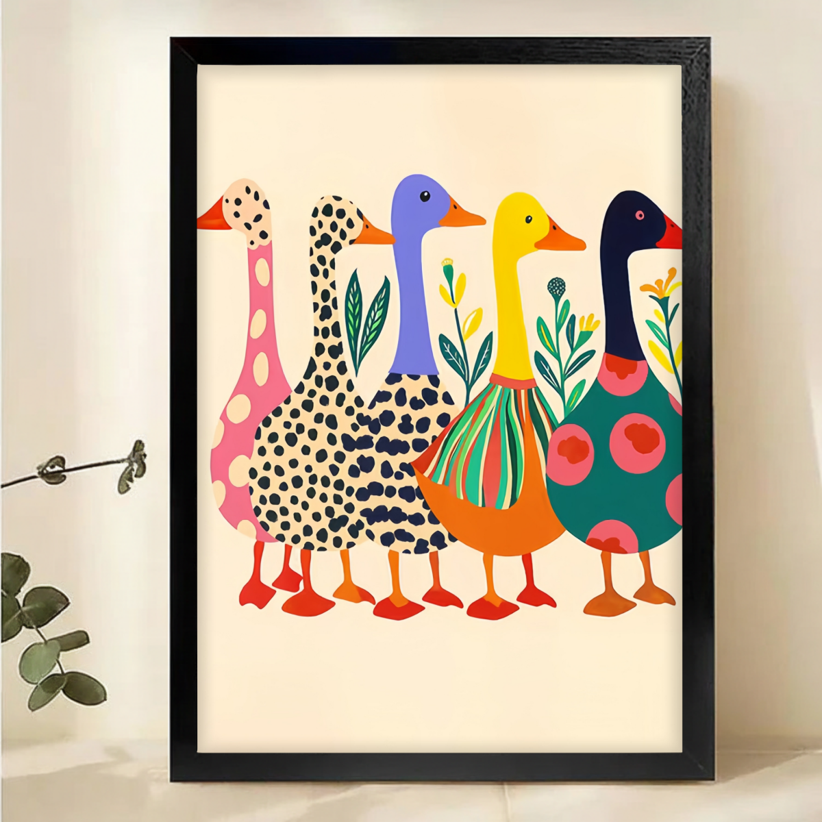 Colorful Ducks Canvas Wall Art - Whimsical Folk Art Bird Print|W1154