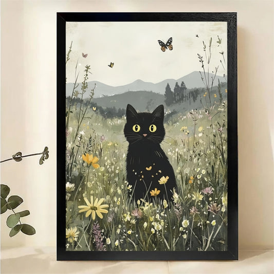 Black Cat in Wildflower Meadow Wall Art - Whimsical Nature Canvas Print|W1326