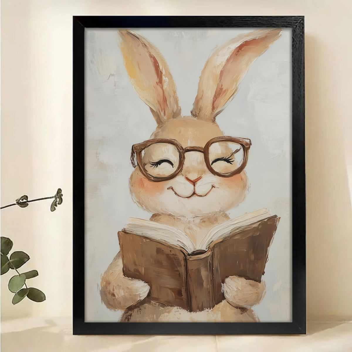 Bunny with Glasses Reading Book Canvas Wall Art - Cute Nursery Print|W1161