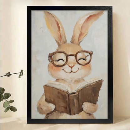 Bunny with Glasses Reading Book Canvas Wall Art - Cute Nursery Print|W1161