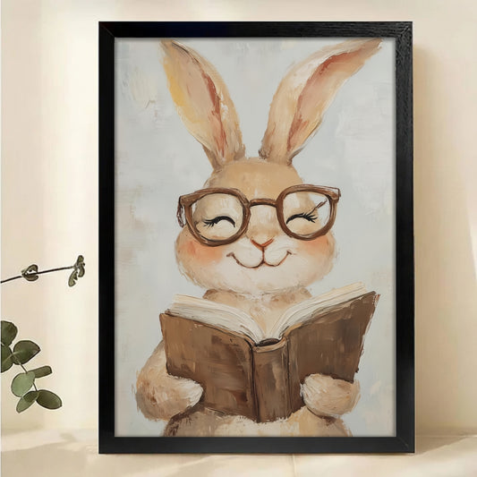 Bunny with Glasses Reading Book Canvas Wall Art - Cute Nursery Print|W1161