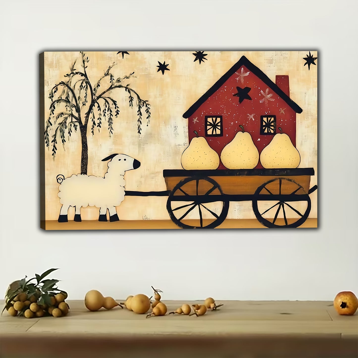 Red House  Cart – Charming Rustic Scene Wall Art on Natural Wood Canvas | W509