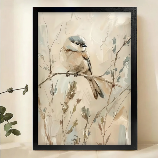 Chickadee on Winter Branch Wall Art – Soft Watercolor Bird Canvas Print on Natural Wood Frame | W2204