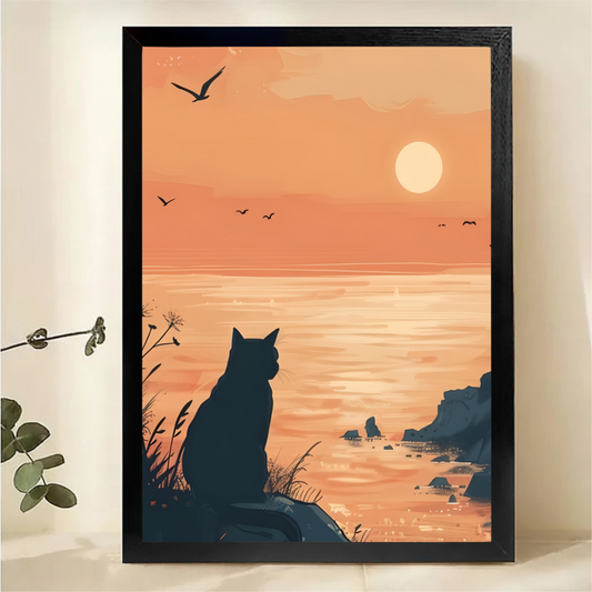 Cat Watching Ocean Sunset Wall Art - Peaceful Seascape Print|W1314