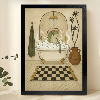 The Bathtub-Steaming Frog – Retro Bathroom Wall Art on Natural Wood Canvas | W612