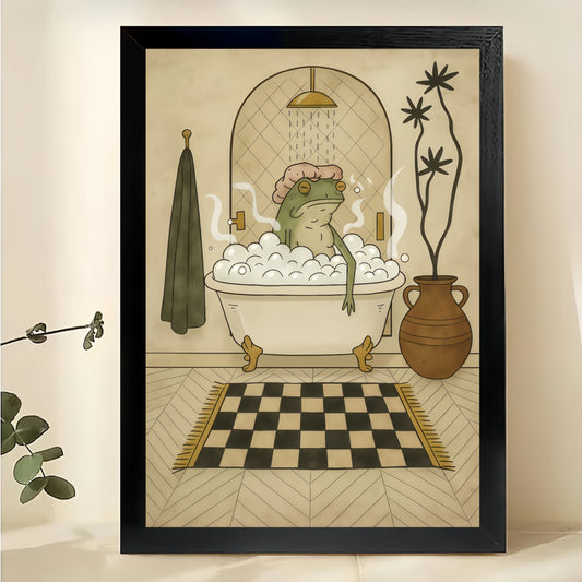 The Bathtub-Steaming Frog – Retro Bathroom Wall Art on Natural Wood Canvas | W612
