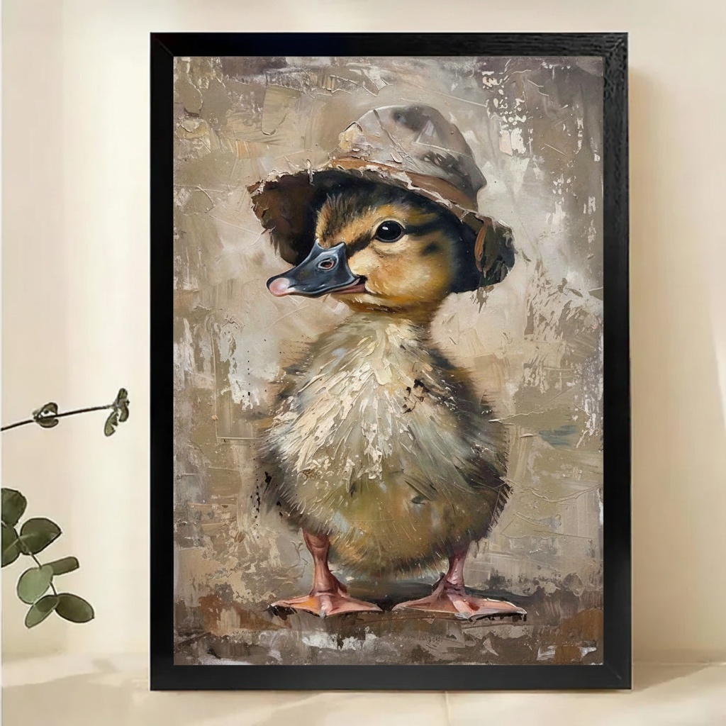 Duckling in a Bucket Hat Wall Art – Vintage Textured Animal Canvas Print on Natural Wood Frame | W2142