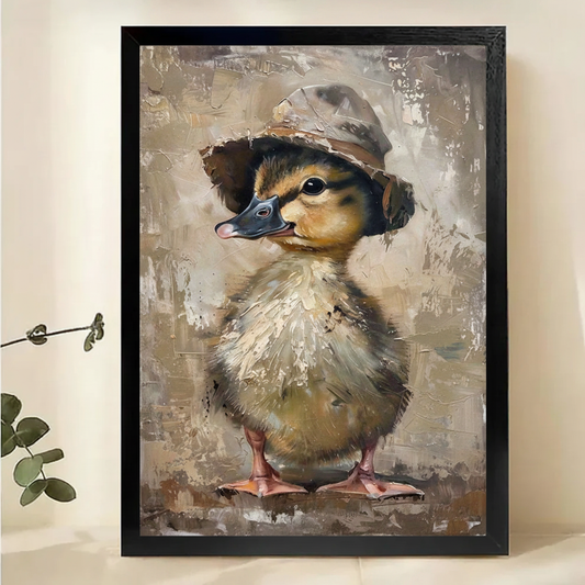 Duckling in a Bucket Hat Wall Art – Vintage Textured Animal Canvas Print on Natural Wood Frame | W2142