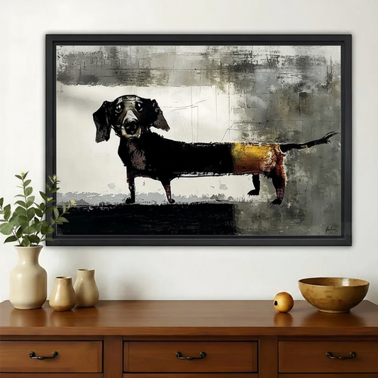 Dachshund Portrait Wall Art – Dark Abstract Mixed Media Oil Painting Canvas Print on Natural Wood Frame | W2241