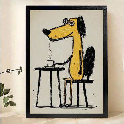 Yellow Dog Drinking Coffee Wall Art - Funny Cartoon Illustrated Canvas Print|W1450