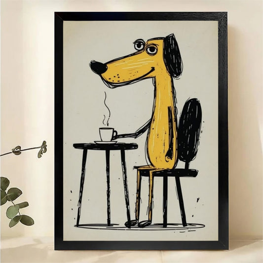 Yellow Dog Drinking Coffee Wall Art - Funny Cartoon Illustrated Canvas Print|W1450