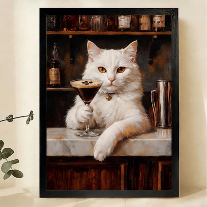 White Cat at the Bar Wall Art – Dark Luxury Cat Canvas Print on Natural Wood Frame | W2268
