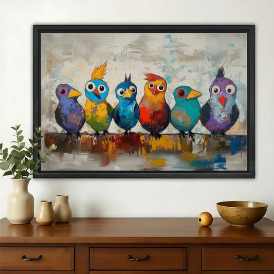 Six Colourful Birds on a Perch Wall Art – Bold Impasto Bird Canvas Print on Natural Wood Frame | W2292