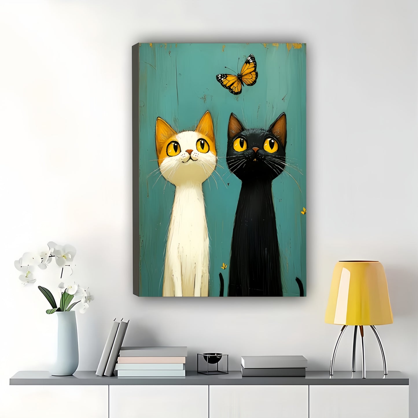 Sweet Cat Couple with Butterfly Illustration – Romantic Whimsical Wall Art on Natural Wood Canvas | W688
