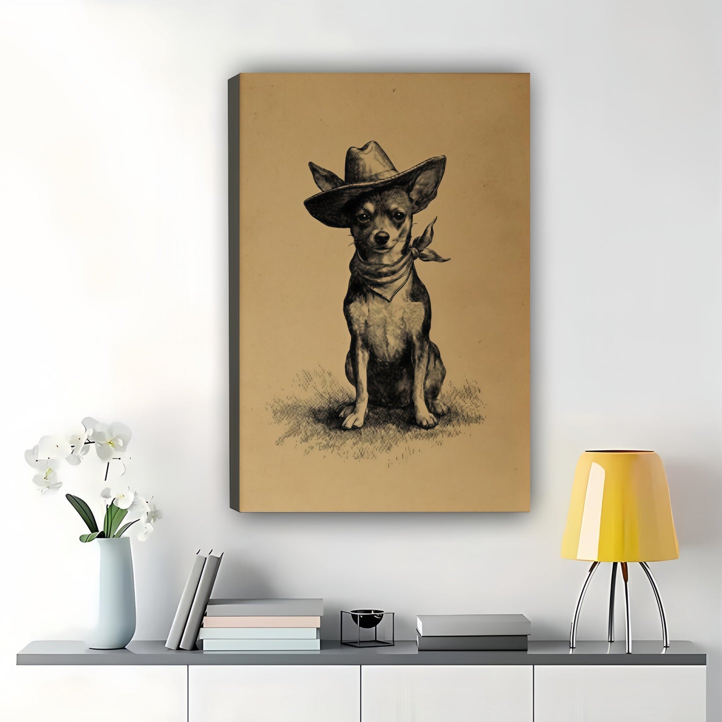 Cowboy Chihuahua – Rustic Western Dog Wall Art on Natural Wood Canvas | W2010