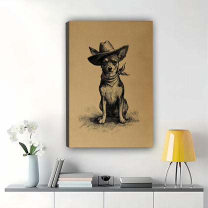 Cowboy Chihuahua – Rustic Western Dog Wall Art on Natural Wood Canvas | W2010