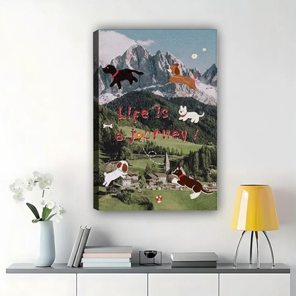 Life Is a Journey Flying Dogs Wall Art – Playful Alpine Collage Canvas Print on Natural Wood Frame | W2130