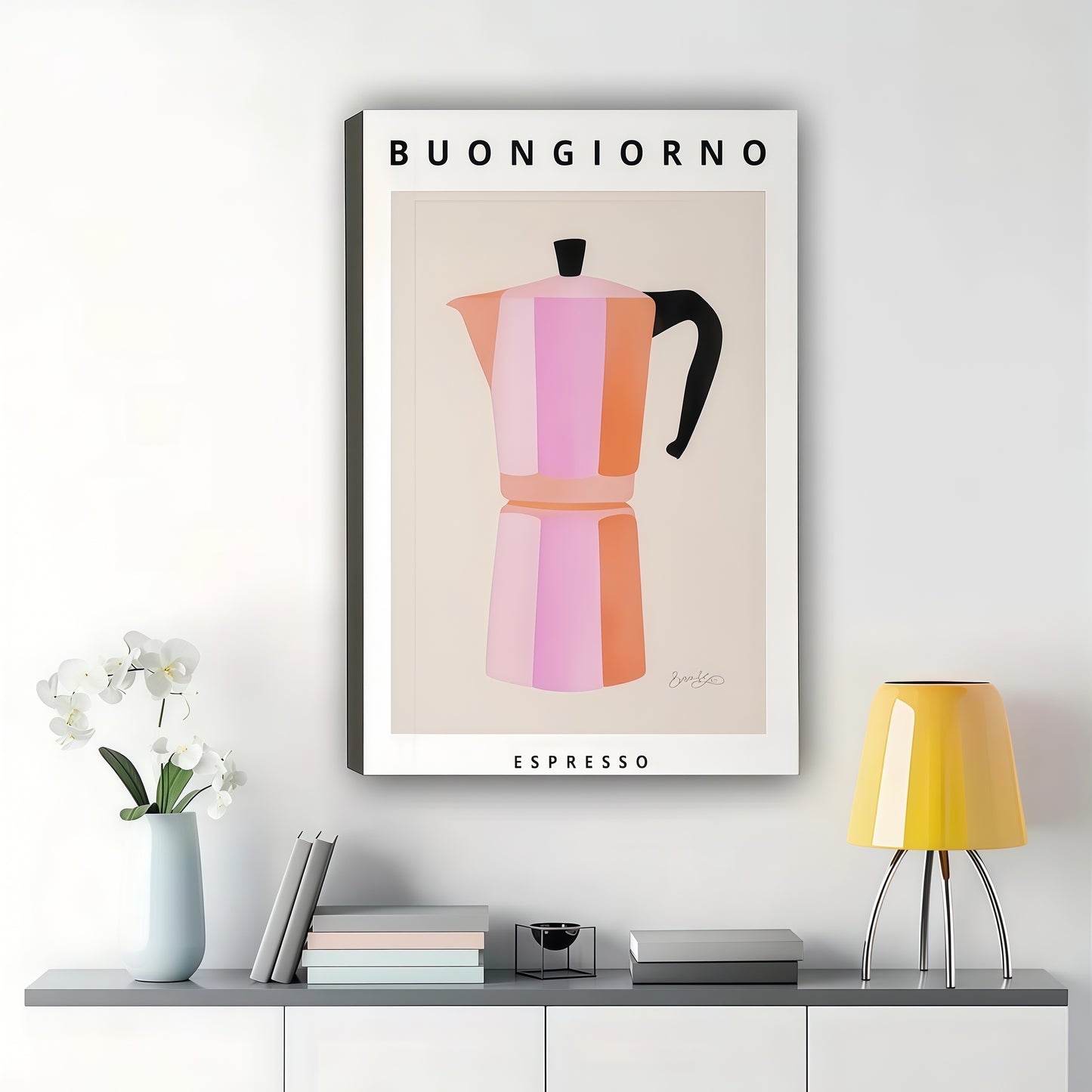 Buongiorno Espresso Moka Pot – Retro Coffee Kitchen Wall Art on Natural Wood Canvas | W2057