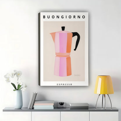 Buongiorno Espresso Moka Pot – Retro Coffee Kitchen Wall Art on Natural Wood Canvas | W2057