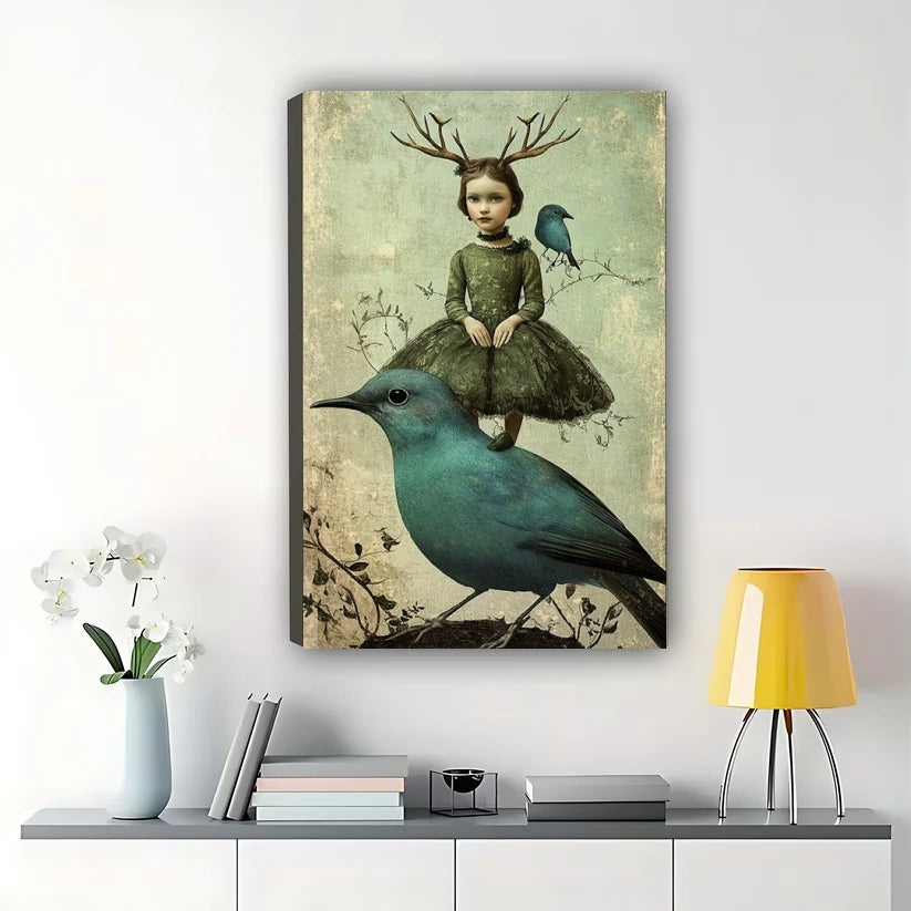 Girl with Antlers on Bird Wall Art – Whimsical Vintage Fantasy Canvas Print on Natural Wood Frame | W2423
