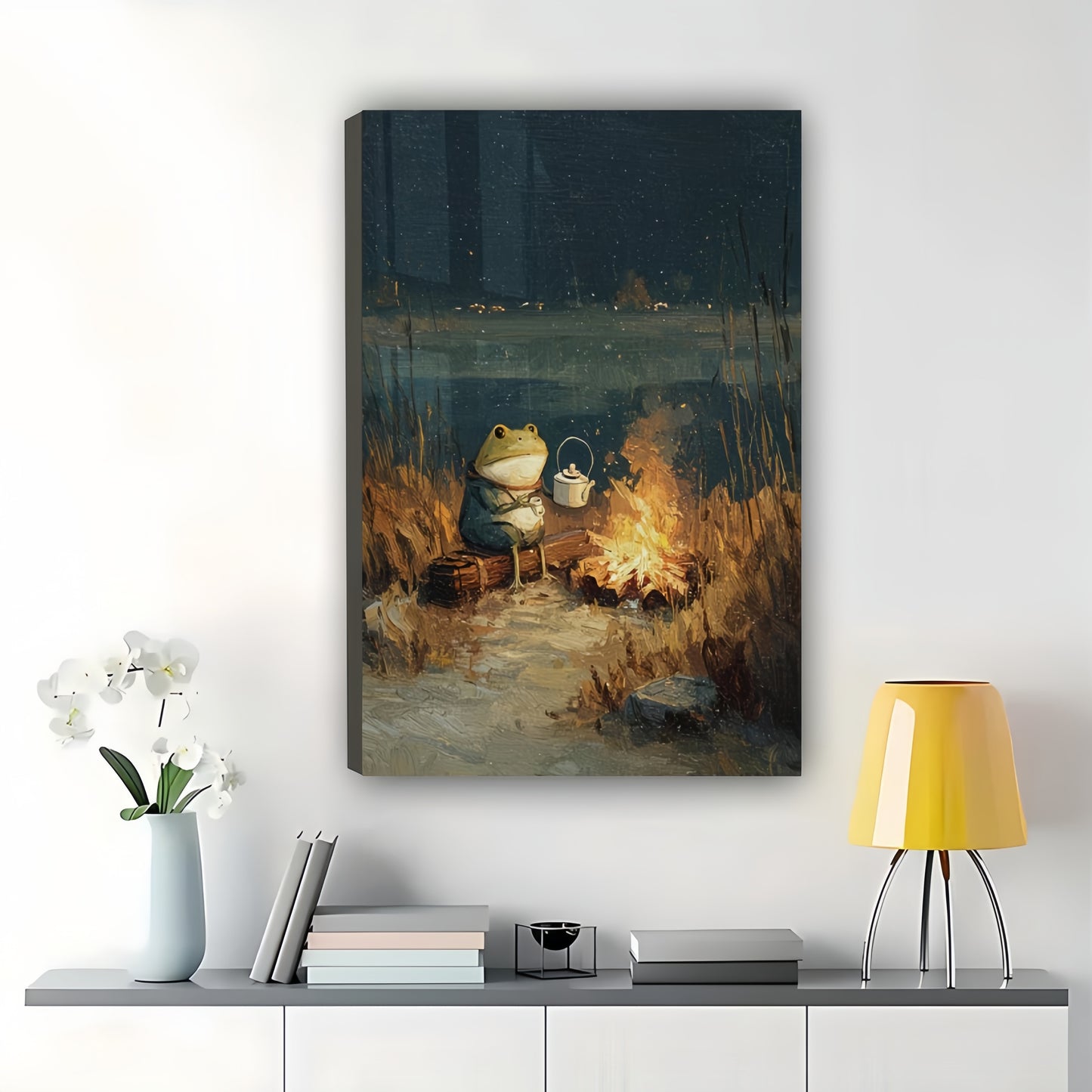 Frogs by Campfire in Night Forest – Cozy Fairy Tale Wall Art on Natural Wood Canvas | W807