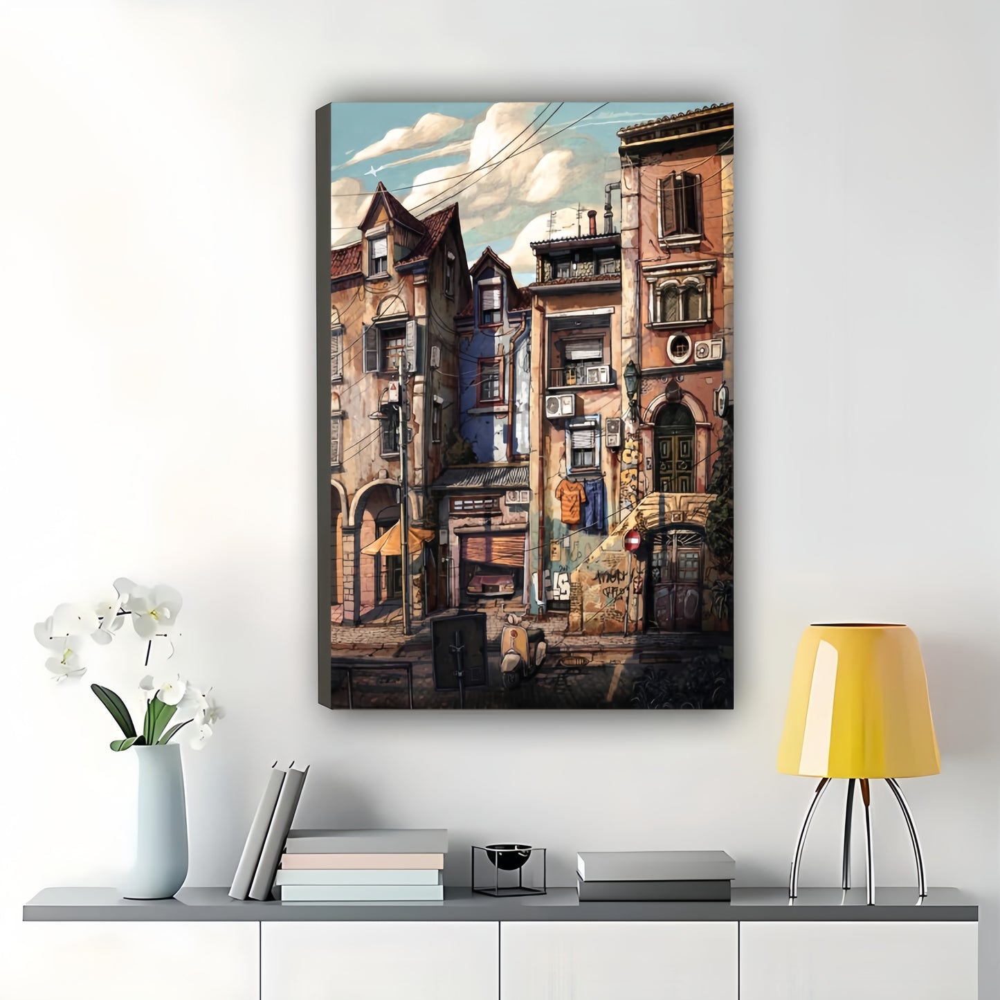 The Vintage European Streetscape – Nostalgic Urban Wall Art on Natural Wood Canvas | W658