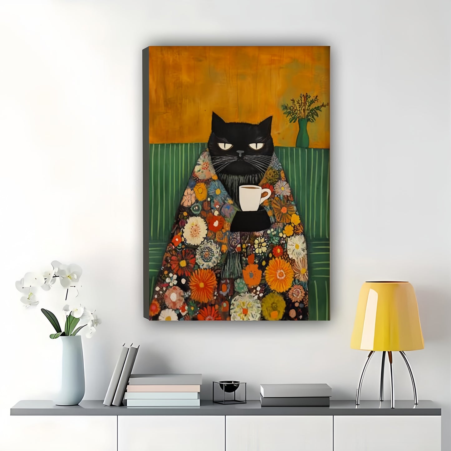 Cozy Black Cat with Floral Blanket & Coffee – Vintage Wall Art on Natural Wood Canvas | W898
