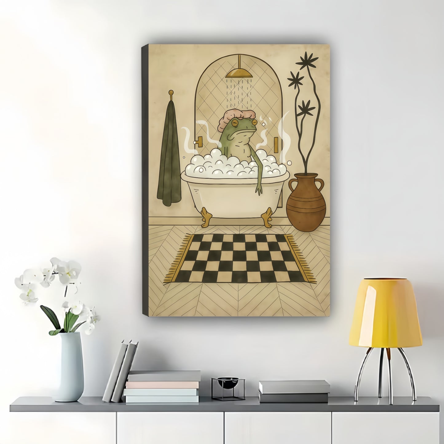 The Bathtub-Steaming Frog – Retro Bathroom Wall Art on Natural Wood Canvas | W612