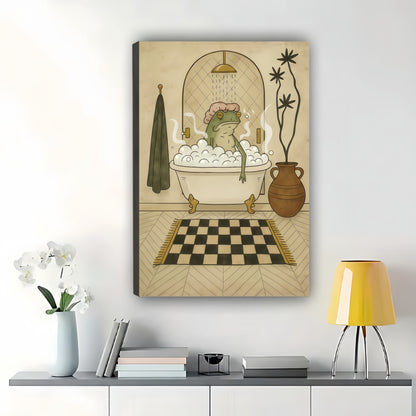 The Bathtub-Steaming Frog – Retro Bathroom Wall Art on Natural Wood Canvas | W612