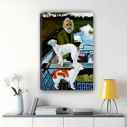 Old Man & Two Hounds in a Rowboat Wall Art – Naïve Realist Oil Painting Canvas Print on Natural Wood Frame | W2216