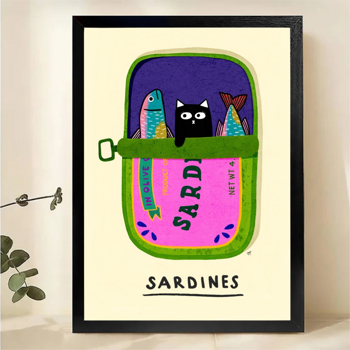 Black Cat in Sardine Can Wall Art - Colorful Funny Illustrated Canvas Print|W1383