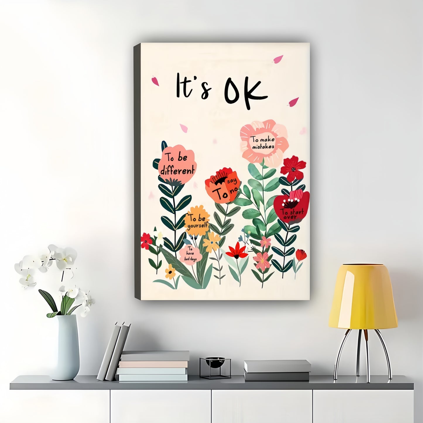 The “It's OK” Floral Encouragement – Cozy Positive Wall Art on Natural Wood Canvas | W653
