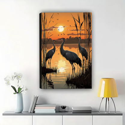 Cranes at Sunset Wetland Wall Art – Dramatic Wildlife Canvas Print on Natural Wood Frame | W2145