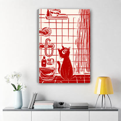 Curious Cat in the Shower Wall Art – Bold Red Linocut Bathroom Canvas Print on Natural Wood Frame | W2226
