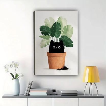 Black Cat in Monstera Pot – Cute Plant Cat Wall Art on Natural Wood Canvas | W2073