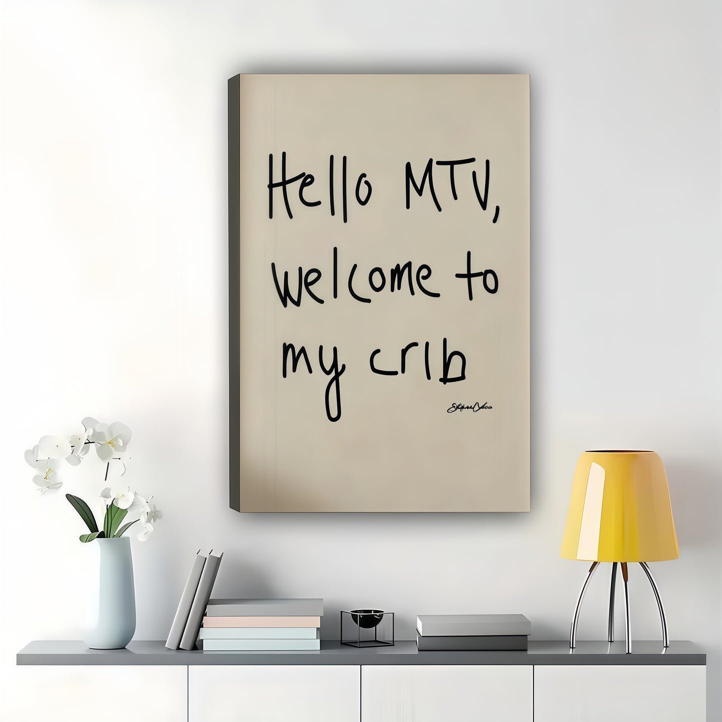 Hello MTV, Welcome to my crib Handwritten Quote – Retro Pop Art on Natural Wood Canvas | W986