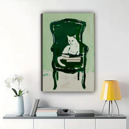 White Cat Reading on Chair – Cozy Book Lover Cat Wall Art on Natural Wood Canvas | W2068