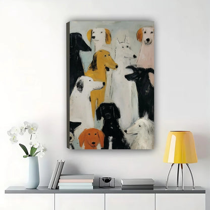 Dog Group Portrait – Vintage Oil Painting Style Wall Art on Natural Wood Canvas | W859