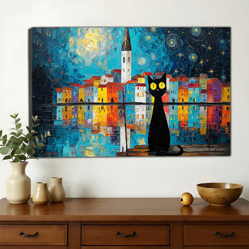 Black Cat in Van Gogh-Style Starry Night Cityscape – Artistic Whimsical Wall Art on Natural Wood Canvas | W736