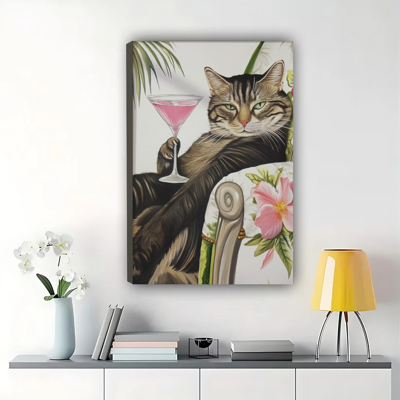 Tabby Cat with Martini Glass Wall Art – Whimsical Luxury Cat Canvas Print on Natural Wood Frame | W2089