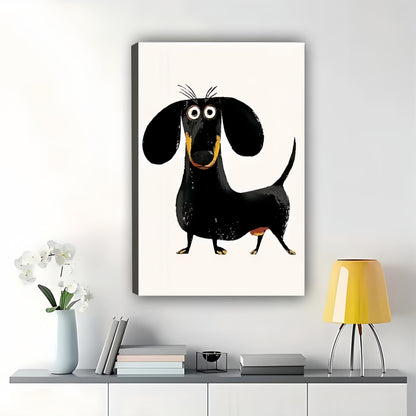 The Standing Cartoon Dachshund – Playful Pet Wall Art on Natural Wood Canvas | W665
