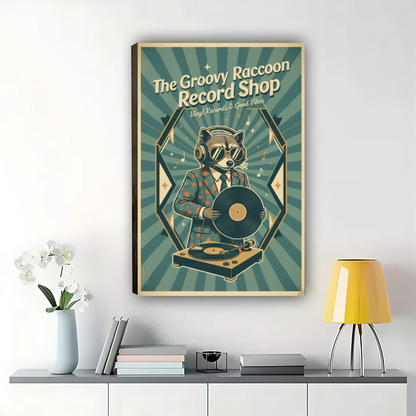 Groovy Raccoon Record Shop Poster - Vintage Vinyl Wall Art| W1051