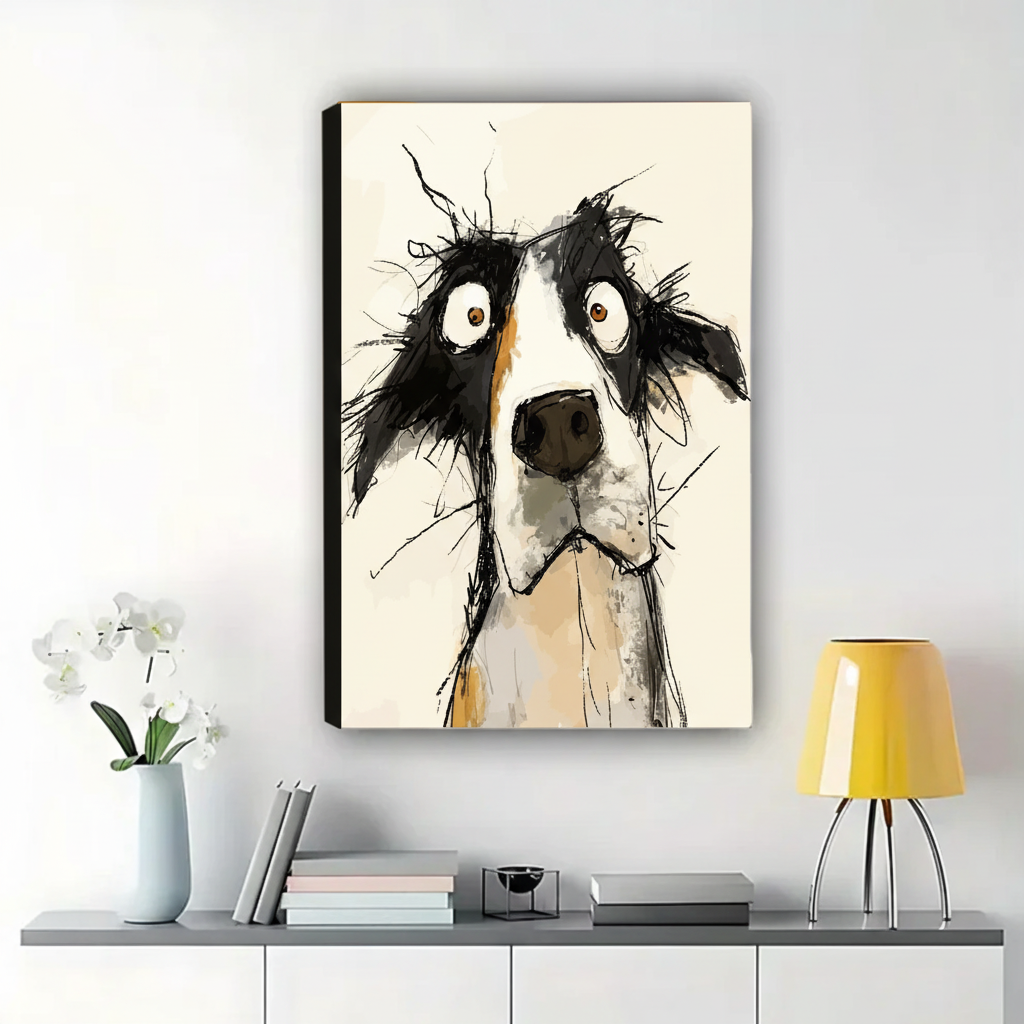 Wide-Eyed Border Collie Sketch Wall Art – Expressive Dog Portrait Canvas Print on Natural Wood Frame | W2169