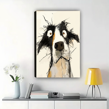 Wide-Eyed Border Collie Sketch Wall Art – Expressive Dog Portrait Canvas Print on Natural Wood Frame | W2169
