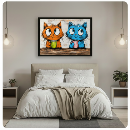 Two Cats Morning Coffee Horizontal Canvas Wall Art