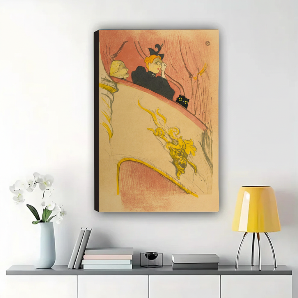 Black Cat at the Theatre Lautrec-Style Wall Art – Vintage French Art Cat Canvas Print on Natural Wood Frame | W2106