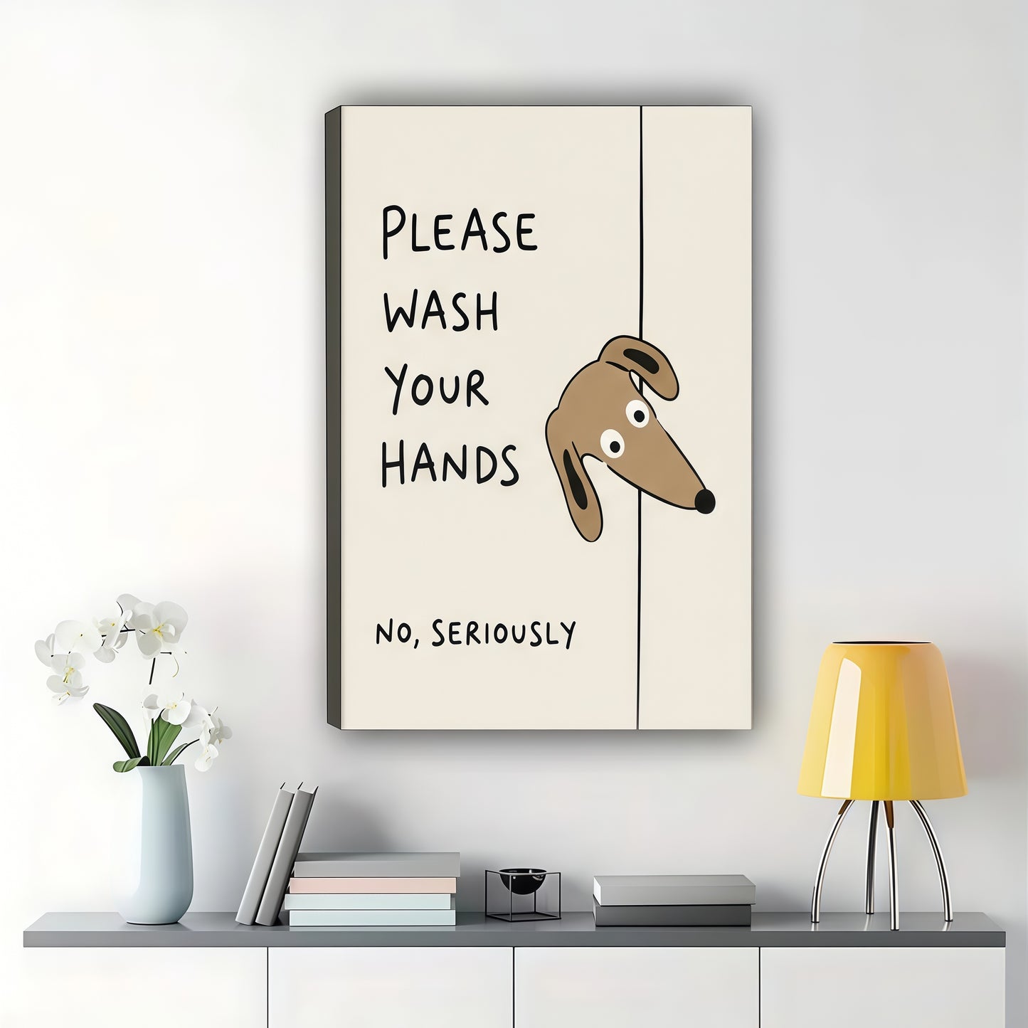Dachshund "Wash Your Hands" Wall Art – Humorous Bathroom Reminder Canvas Print on Black Wood Frame | W2261