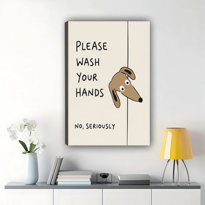 Dachshund "Wash Your Hands" Wall Art – Humorous Bathroom Reminder Canvas Print on Black Wood Frame | W2261